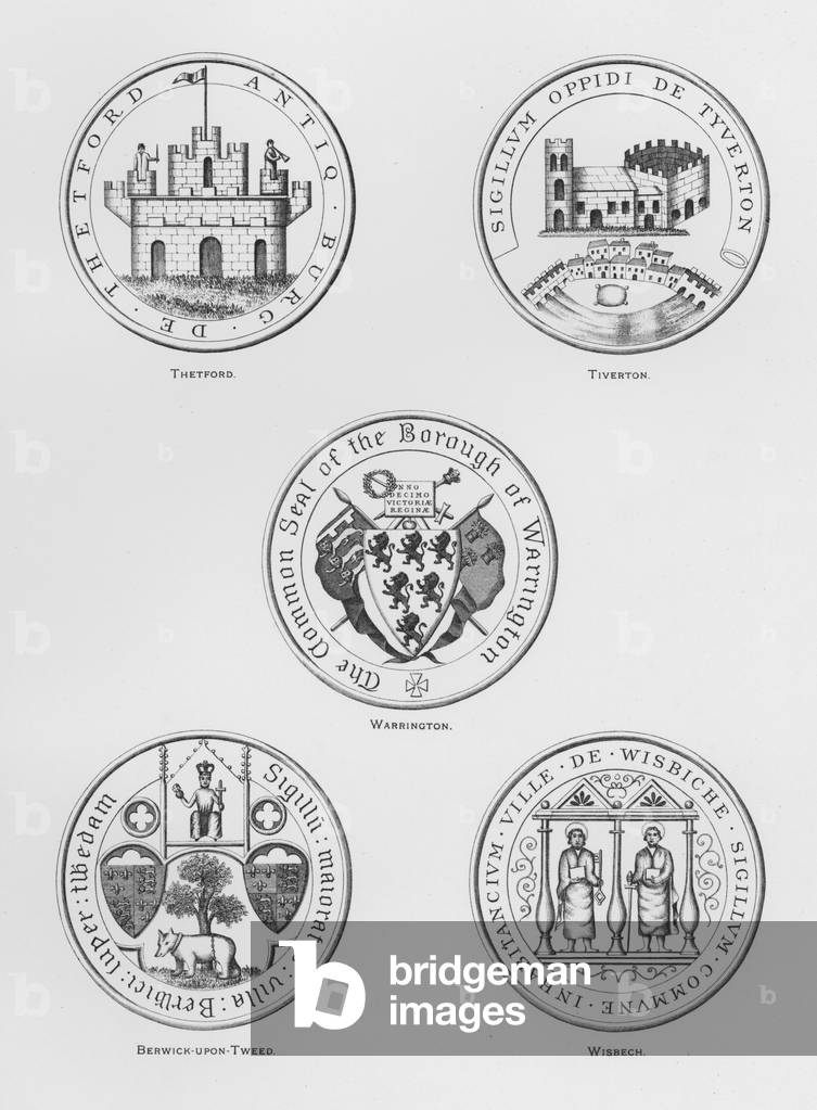 Public arms: Thetford; Tiverton; Warrington; Berwick-upon-Tweed; Wisbech (engraving)