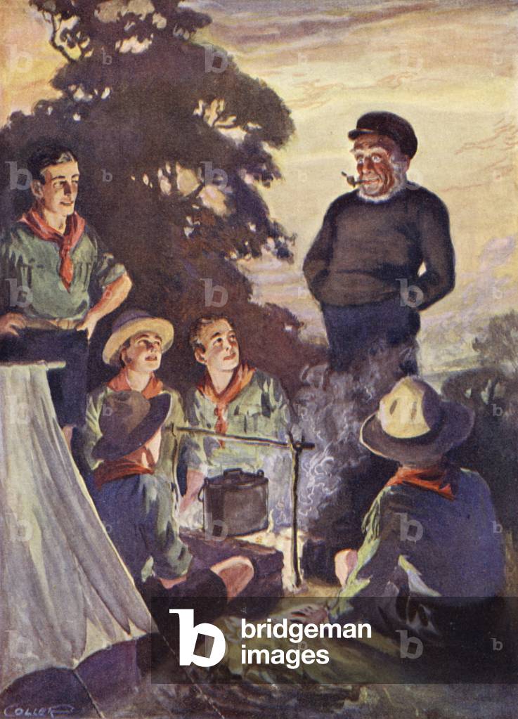 Scouts around camp fire (colour litho)
