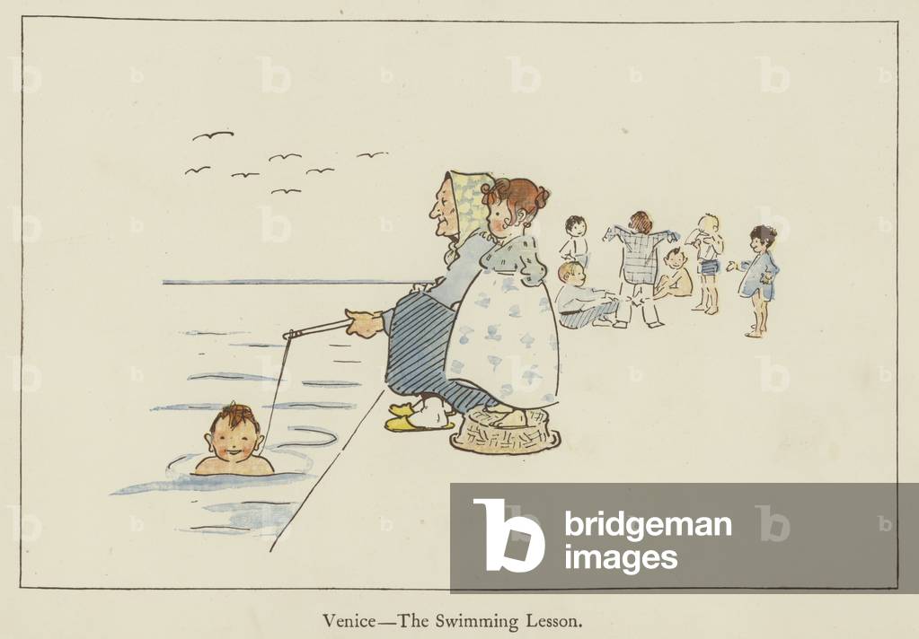 Venice, the swimming lesson (colour litho)