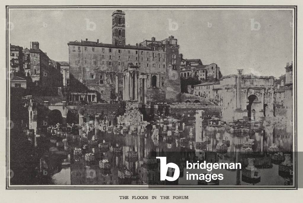 Floodwater from the River Tiber in the Forum, Rome (b/w photo)