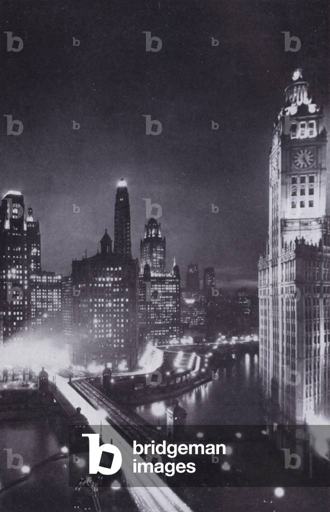 Chicago: Boulevard Link Bridge and Wacker Drive at Night (b/w photo)
