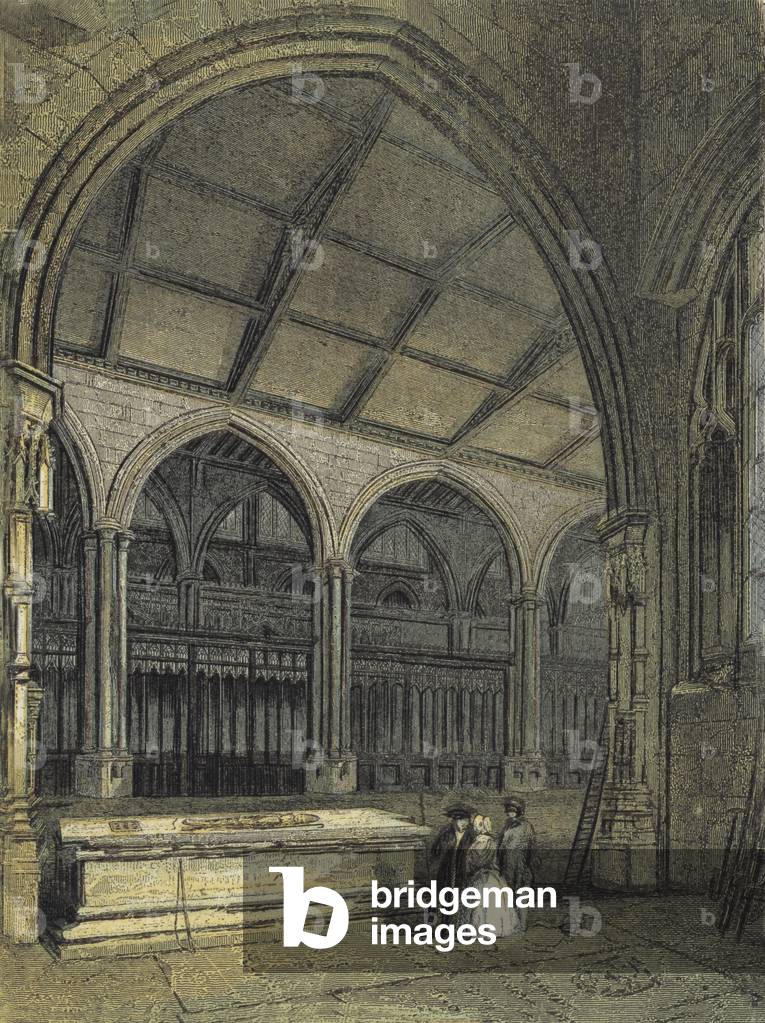 Manchester Cathedral, View across the Choir and Baptistry, from Ely Chapel (coloured engraving)