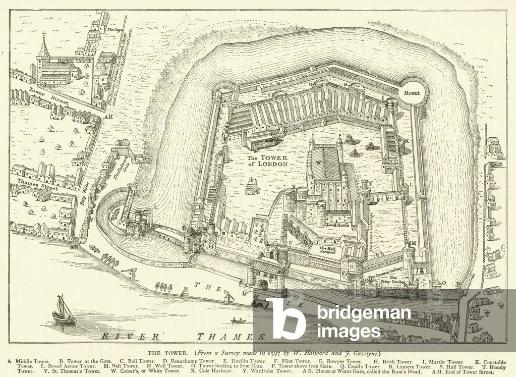 The Tower, from a survey made in 1597 by W Haiward and J Gascoyne (engraving)