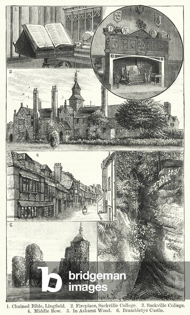 Chained Bible, Lingfield; Fireplace, Sackville College; Sackville College; Middle Row; In Ashurst Wood; Brambletye Castle (engraving)
