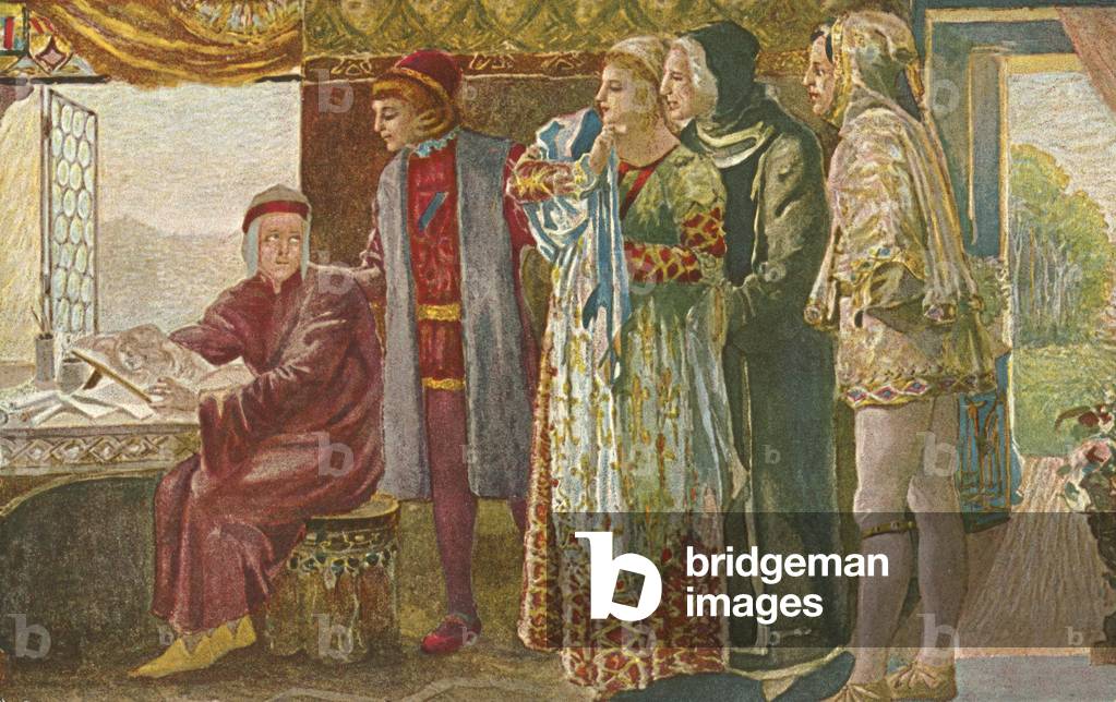 Episode from life of Dante (colour litho)