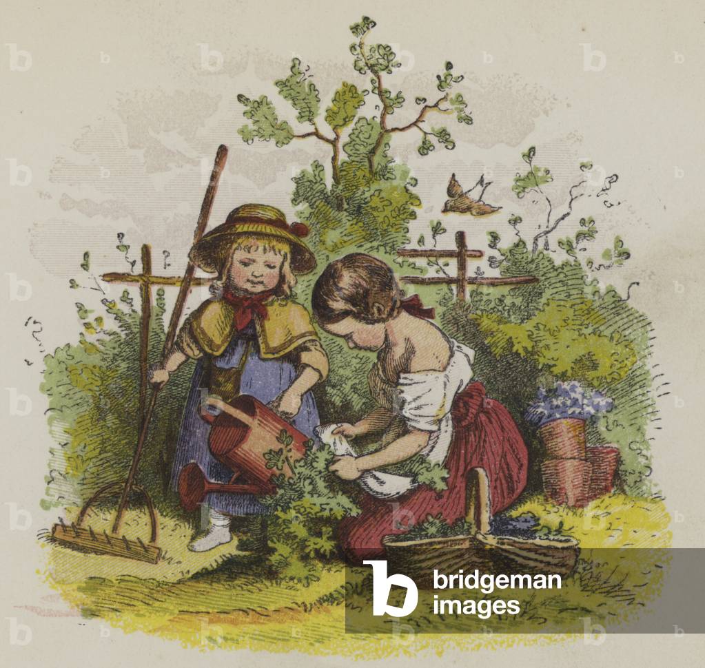 Two girls gardening (colour litho)