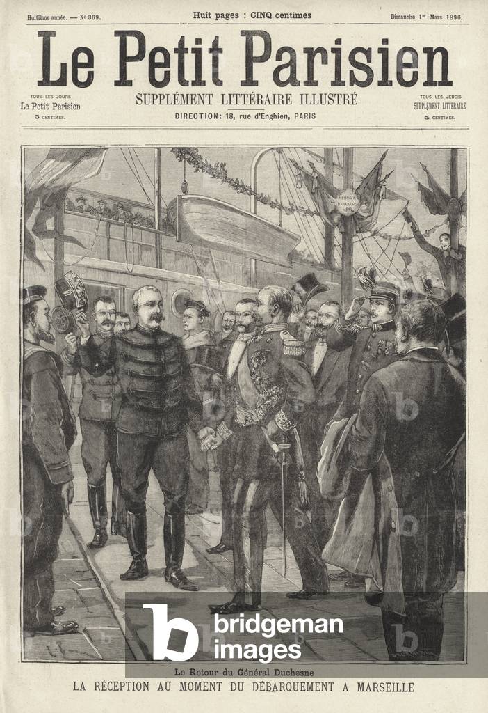 General Jacques Duchesne, commander of the French Expeditionary Force to Madagascar, welcomed back to France as he disembarks at Marseille, 1896 (engraving)