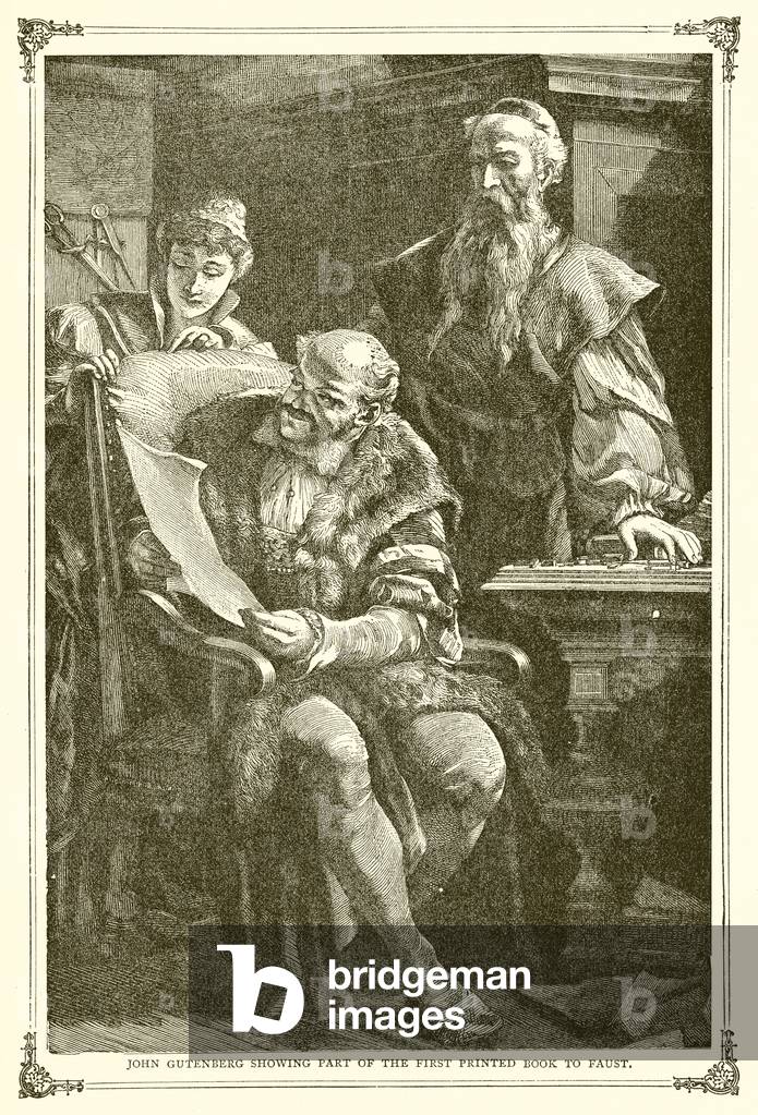 John Gutenberg showing part of the First Printed Book to Faust (engraving)