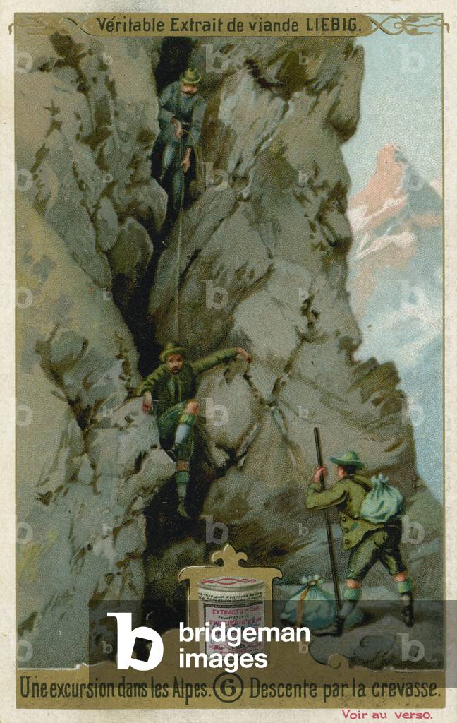 Scene from an excursion in the Alps: descending via a gully (chromolitho)