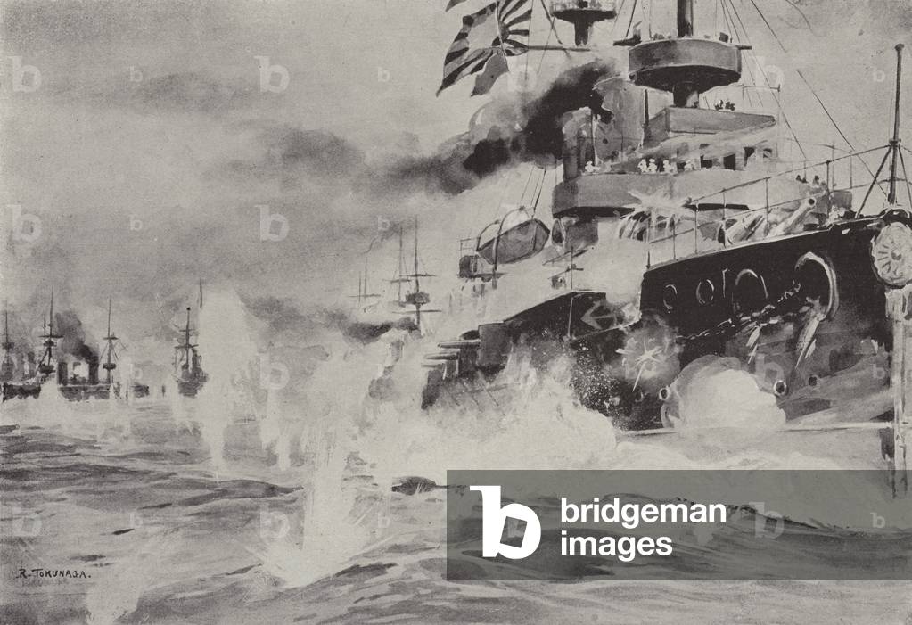 The Mikasa bravely fighting against the Russian Squadron off Port Arthur on 10 August (litho)