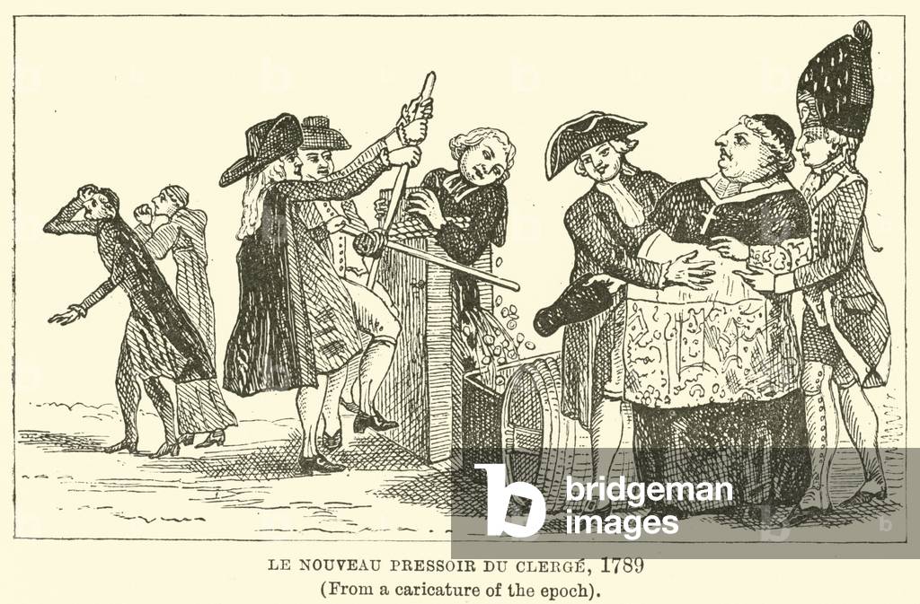Le Nouveau Pressoir du Clerge, 1789, (From a caricature of the epoch) (engraving)