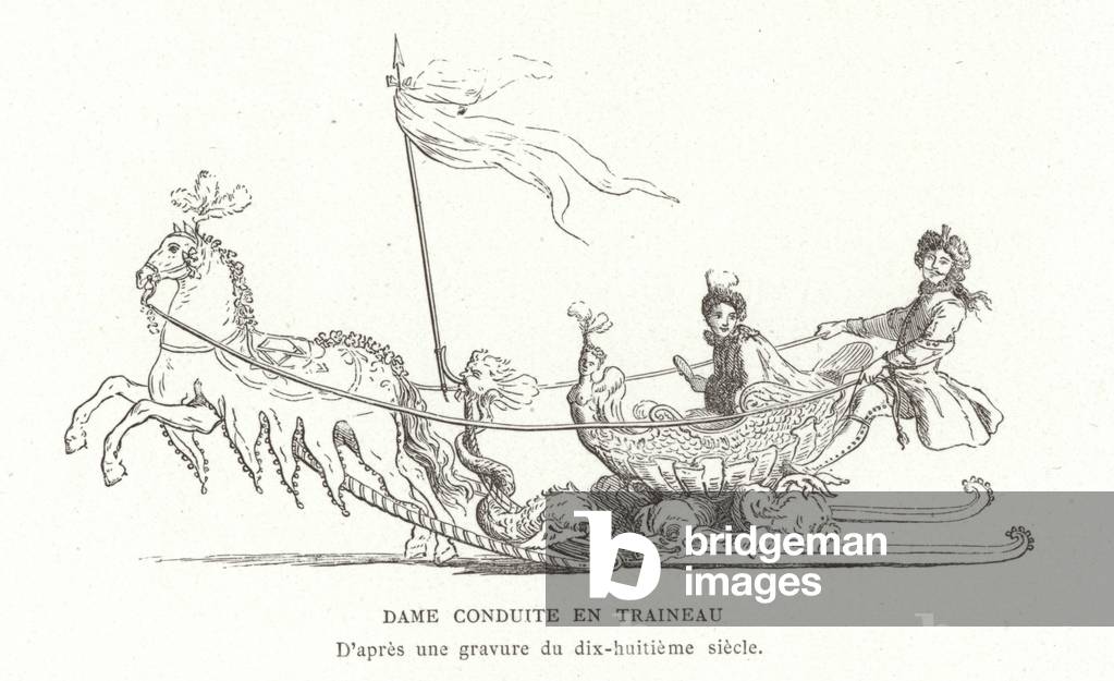 Lady travelling by sleigh, France, 18th Century (engraving)