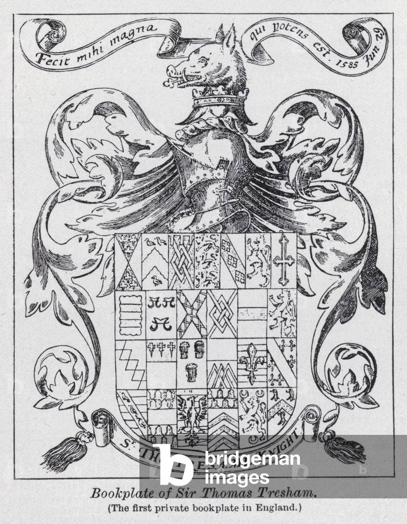 Bookplate of Sir Thomas Tresham, the first private bookplate in England (litho)