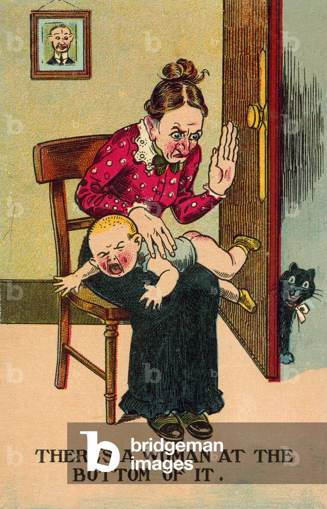 Woman spanking her son (colour litho)