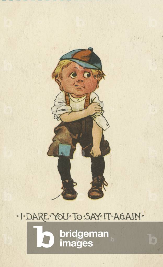 Boy getting ready to fight a bully (colour litho)