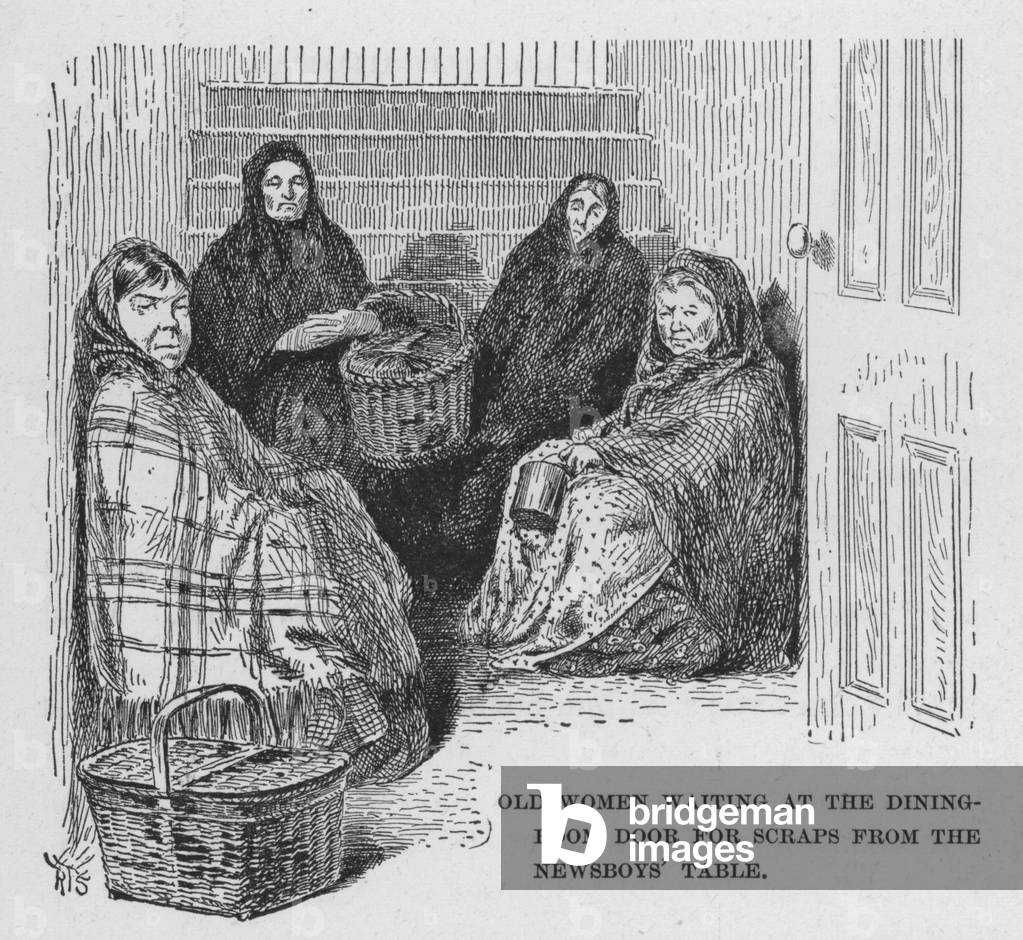Old Women waiting at the Dining-Room Door for Scraps from the Newsboys' Table (litho)