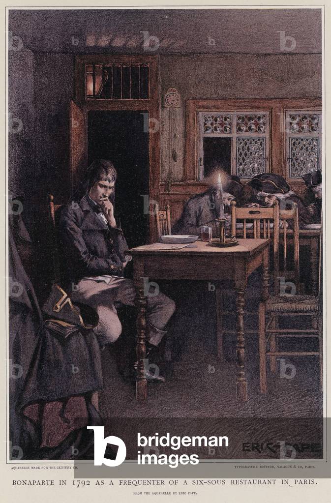 Bonaparte in 1792 as a frequenter of a six-sous restaurant in Paris (colour litho)