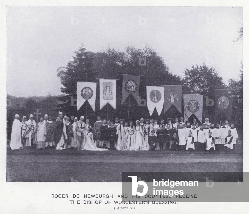 Warwick Pageant, 1906: Roger De Newburgh and his Countess receive the Bishop of Worcester's blessing, Episode V (b/w photo)