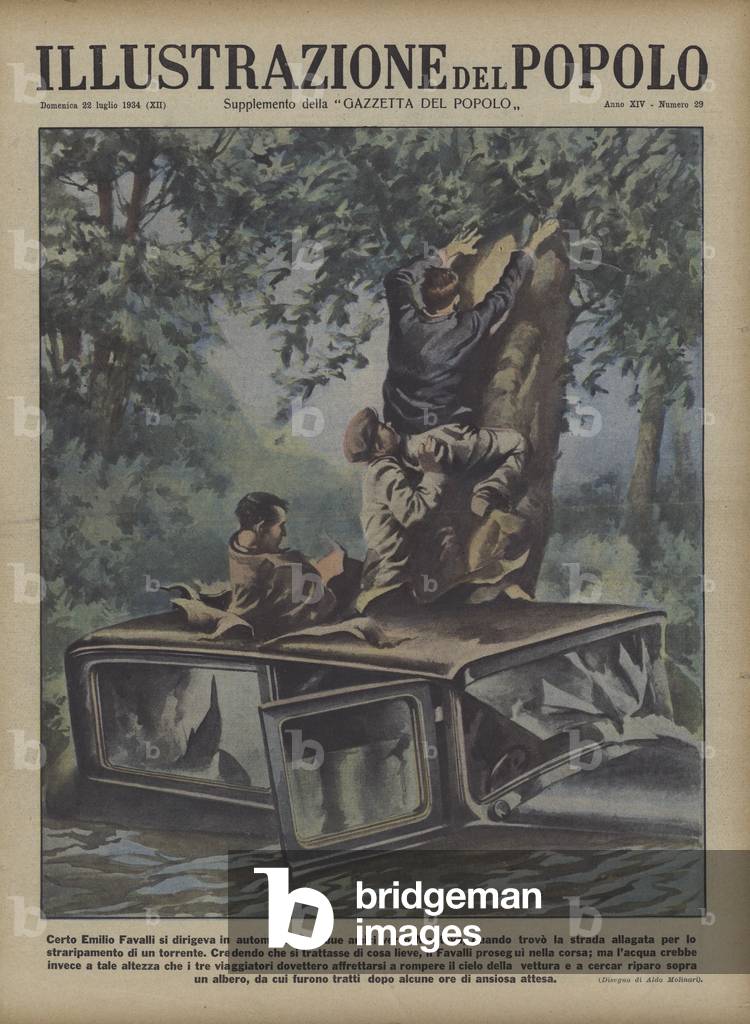 Three travellers escaping up a tree after their car became submerged in deep floodwater on the way to Mantua, Italy (colour litho)