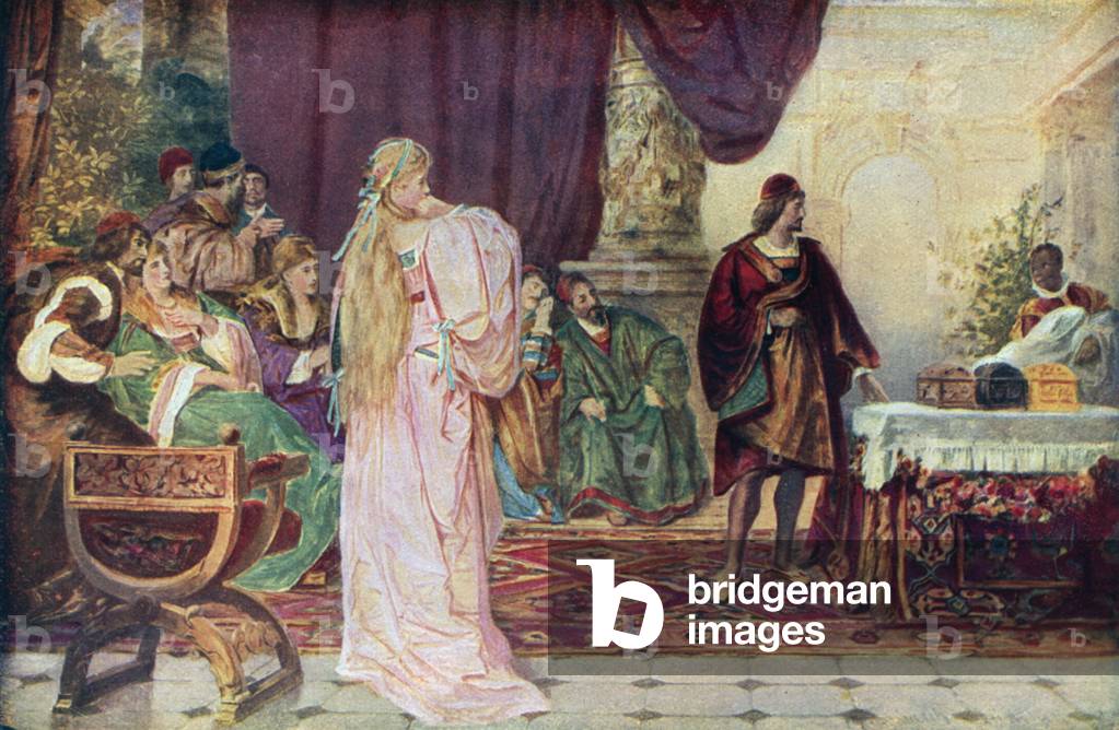 The Casket Scene in Shakepeare's The Merchant of Venice (colour litho)