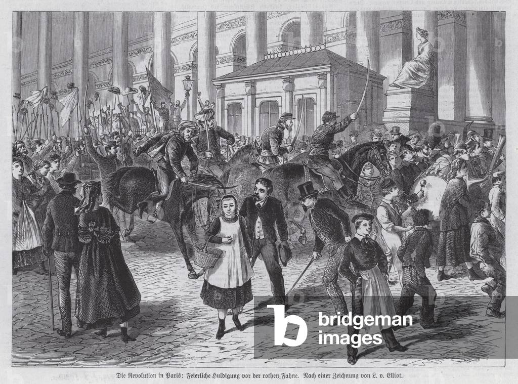 Procession carrying red flags, Paris Commune, 1871 (engraving)