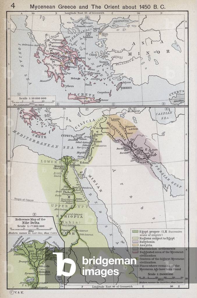Mycenean Greece and the Orient about 1450 BC (colour litho)