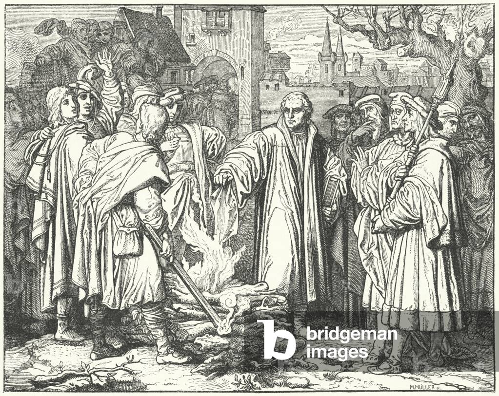 Martin Luther burning the papal bull in Wittenberg, 1520 (engraving)