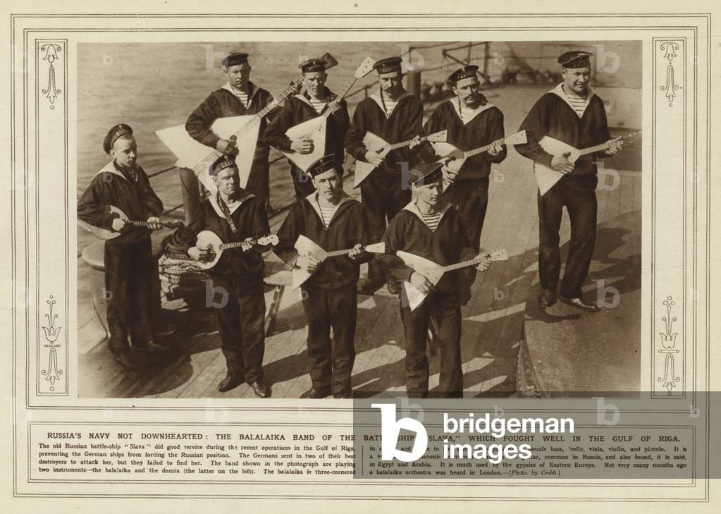 Russia's navy not downhearted, the Balalaika band of the battle-ship Slava, which fought well in the Gulf of Riga (b/w photo)