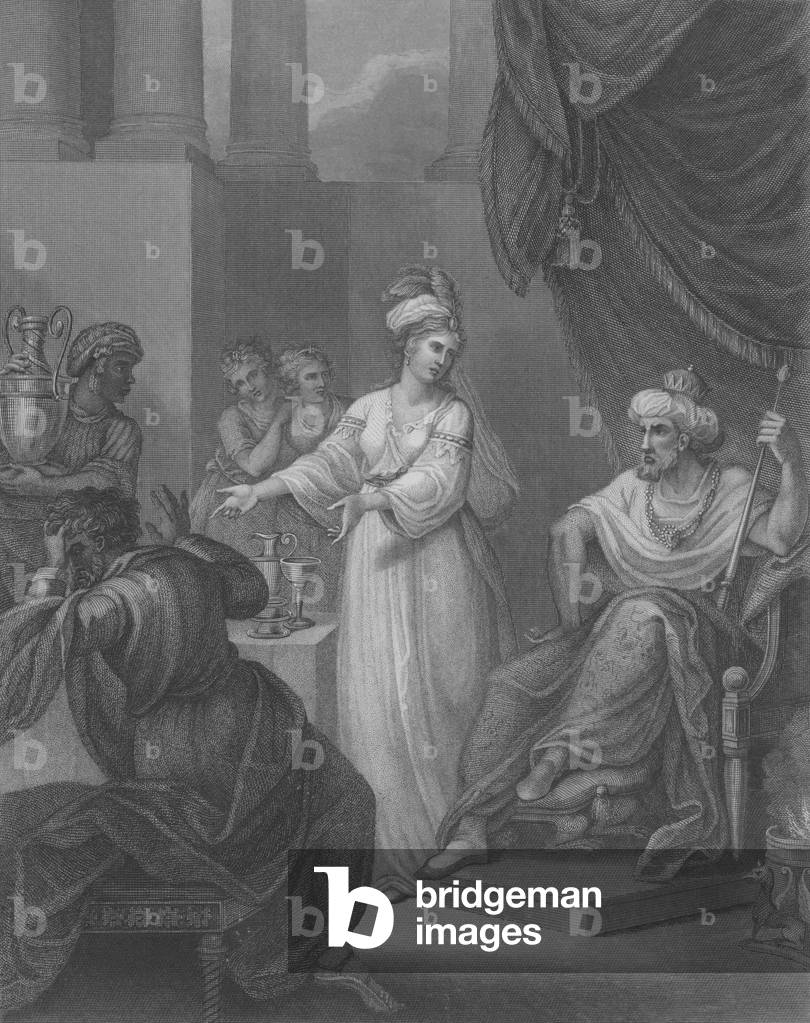 Esther accusing Haman, Esther 7, Verse 1-10 (engraving)