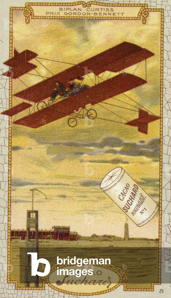 Curtiss biplane competing for the Gordon Bennett Trophy (chromolitho)