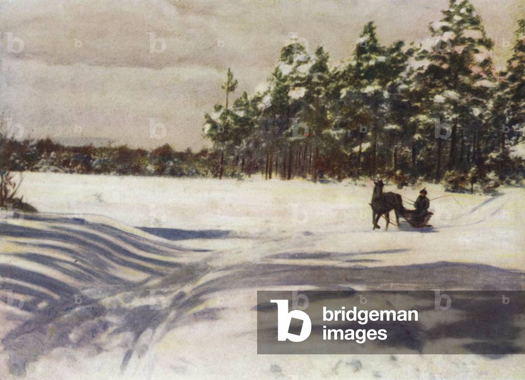 A Winter Scene in Latvia (colour litho)