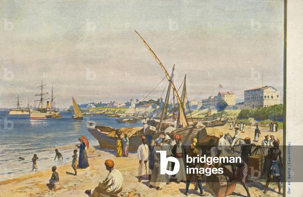 Ship on the beach, Dar es Salaam, Tanzania (colour litho)