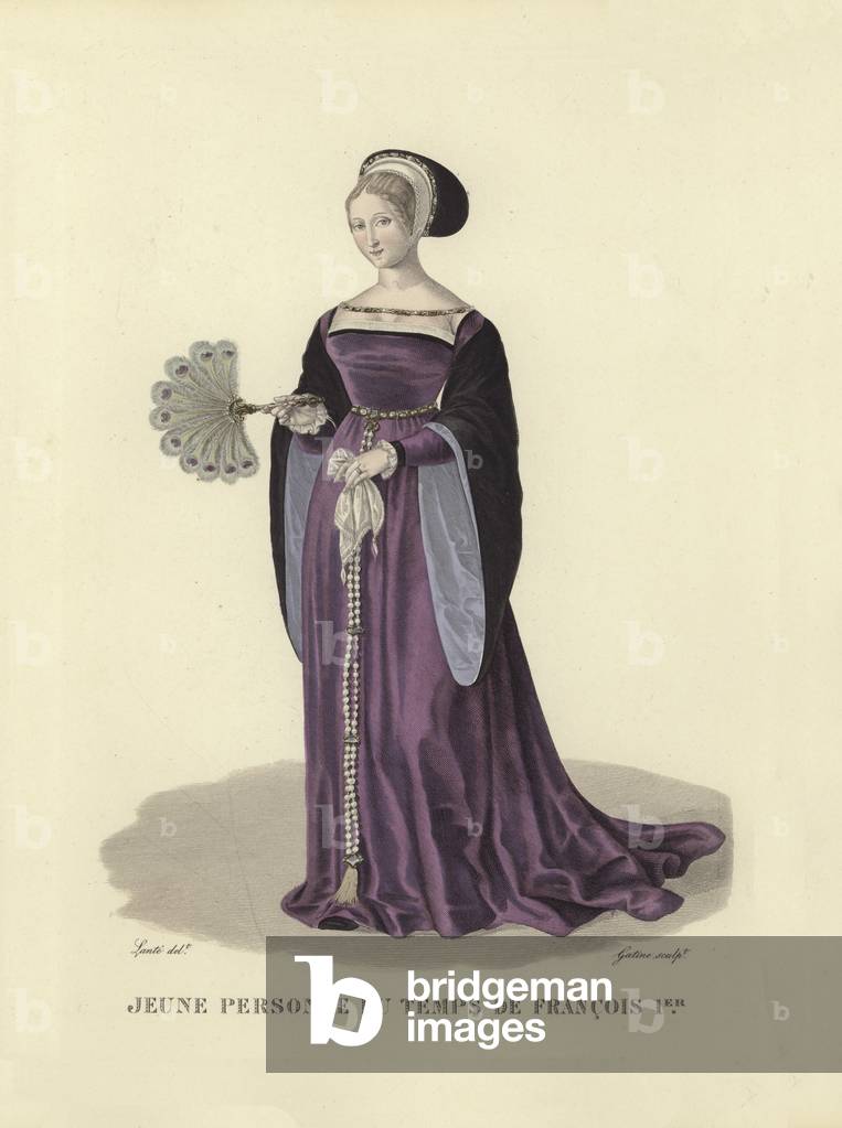 Young lady of the time of King Francis I of France (coloured engraving)