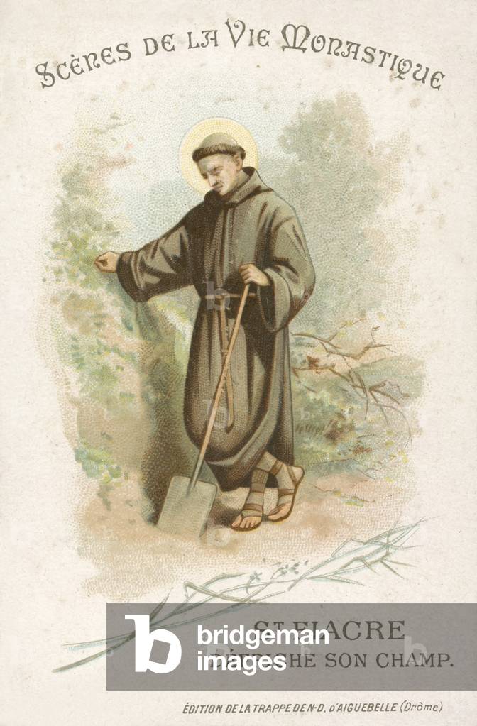 St Fiacre clearing his field (chromolitho)