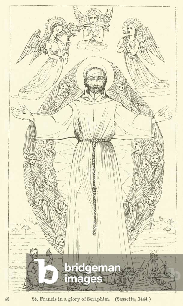 St Francis in a glory of Seraphim, Sassetta, 1444 (engraving)