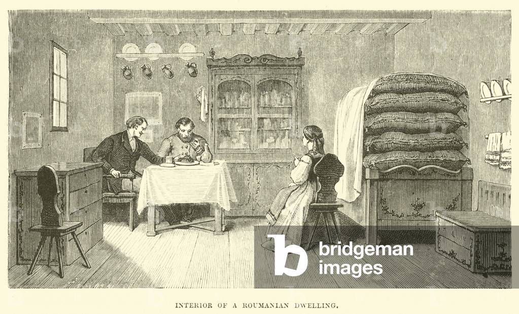 Interior of a Roumanian dwelling (engraving)