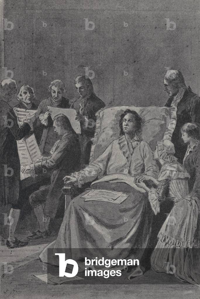 The dying Wolfgang Amadeus Mozart listening to his friends performing his cantata In Praise of Friendship (engraving)