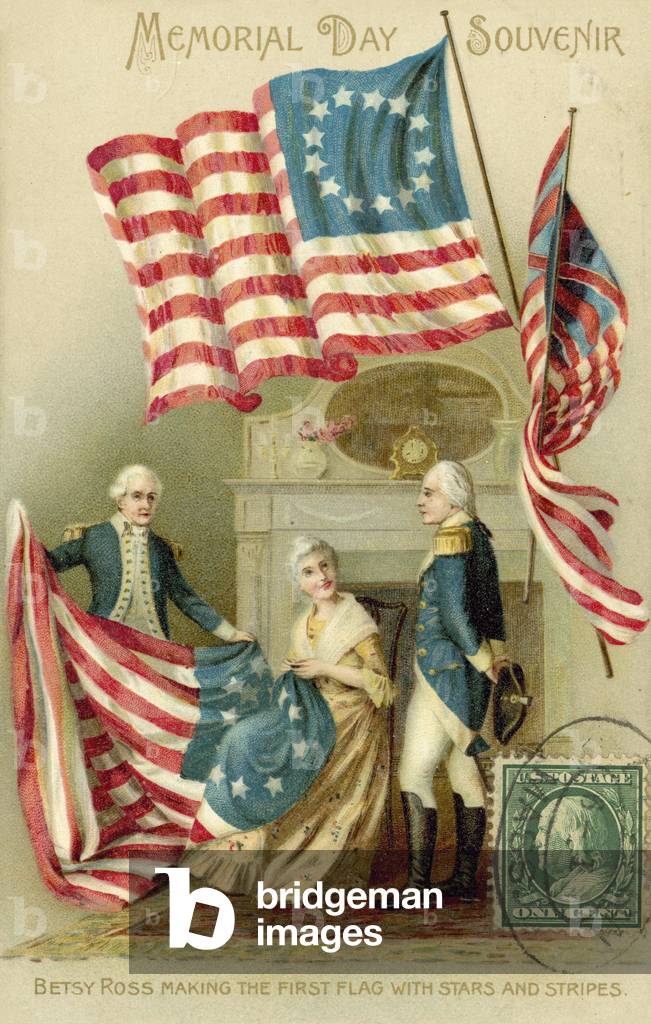 Betsy Ross making the first American flag (colour litho)