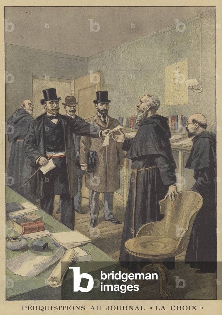 Police search of the offices of the newspaper La Croix (colour litho)