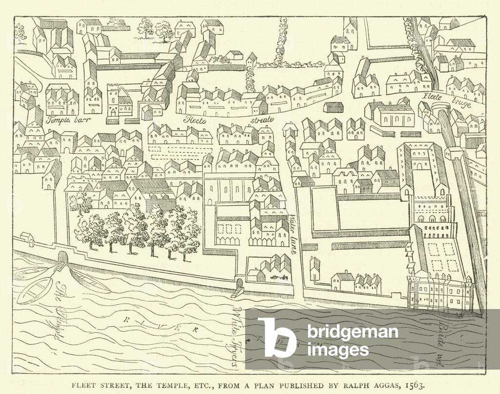 Fleet Street, the Temple, etc., from a plan published by Ralph Aggas, 1563 (engraving)