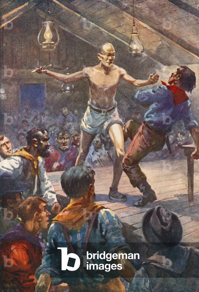 Pin's right arm shot out, and he caught the knife, flying (colour litho)