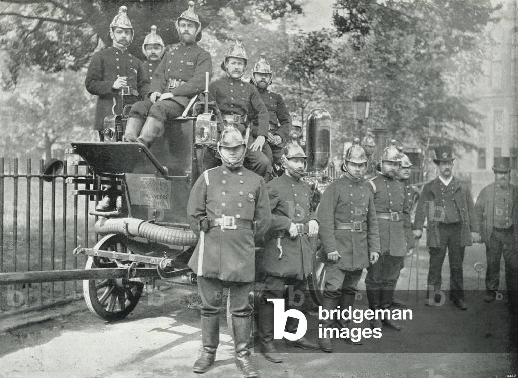 The Fire Brigade, Group of Firemen, with Engine and Turncocks (b/w photo)