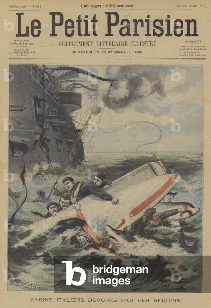 Italian sailors devoured by sharks (colour litho)