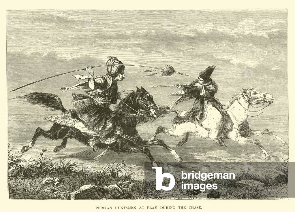Persian huntsmen at play during the chase (engraving)
