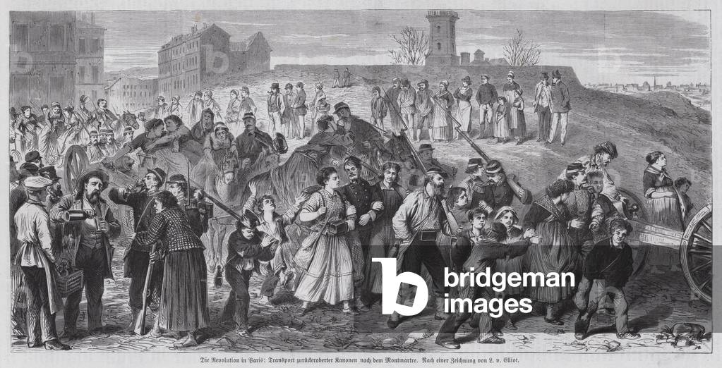 Communards taking cannon to Montmartre, Paris Commune, 1871 (engraving)