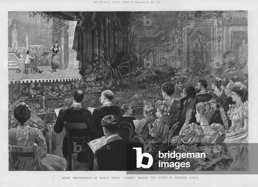 Performance of George Bizet's opera Carmen before Queen Victoria at Windsor Castle, Berkshire (litho)