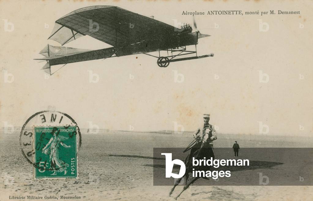 Postcard of an Antoinette aeroplane flown by M. Demanest, sent in 1913 (b/w photo) 