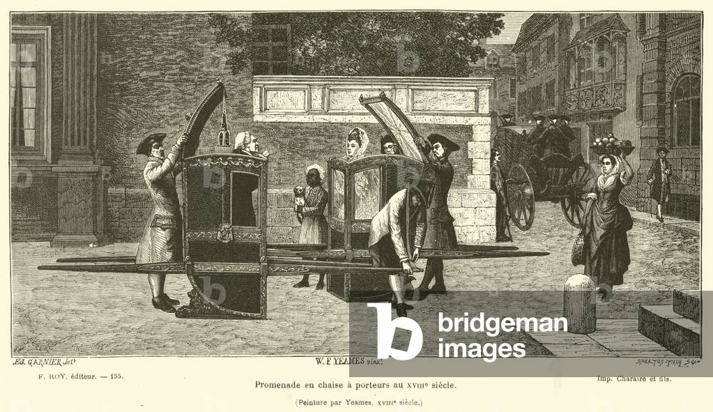 Promenade en chaise a porteurs au XVIIIe siecle (engraving)