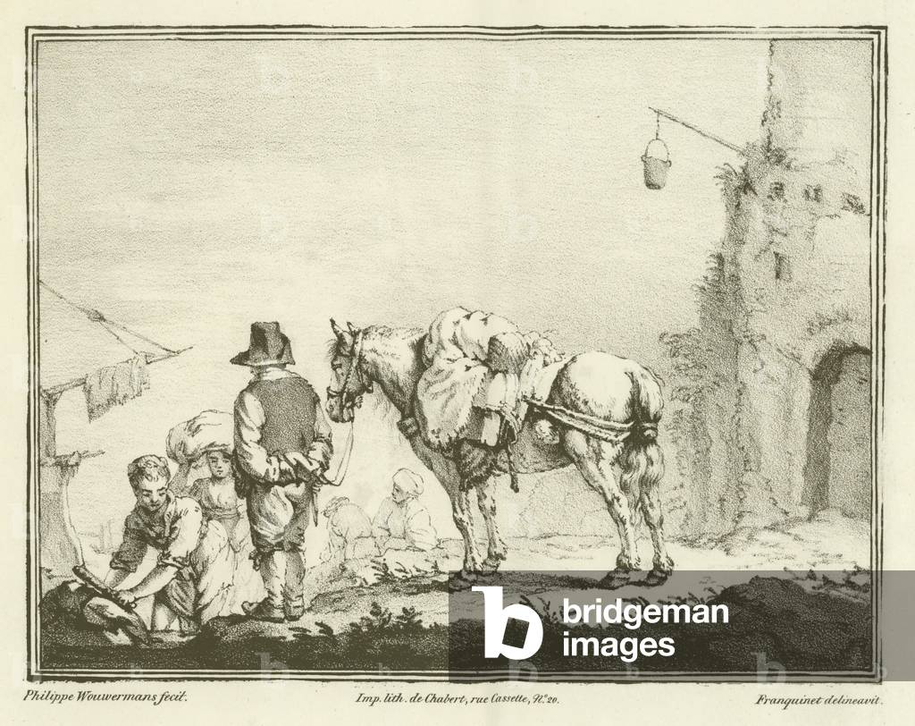 Traveller with a horse (engraving)