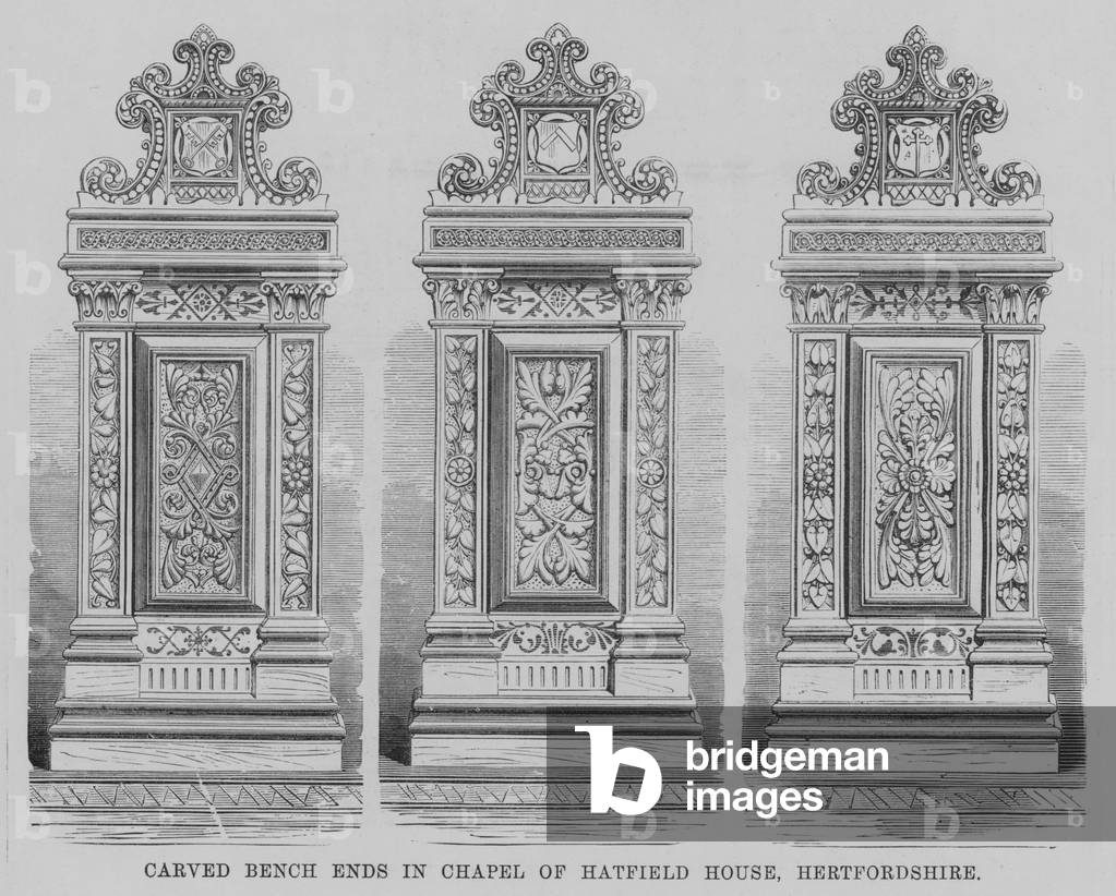 Carved Bench Ends in Chapel of Hatfield House, Hertfordshire (engraving)